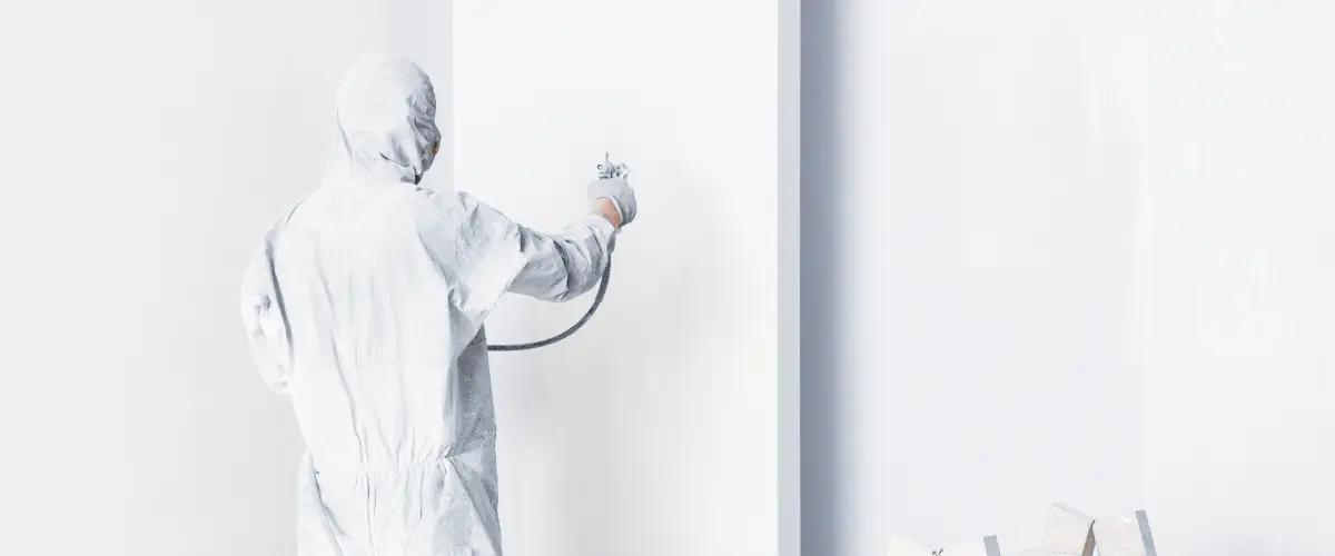 man painting white house interior with paint sprayer