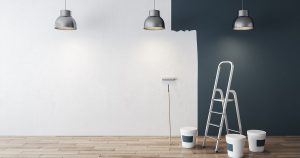 What Are The Best Conditions For Interior Painting grey interior before and after repairs with mock up place on white concrete wall and wooden