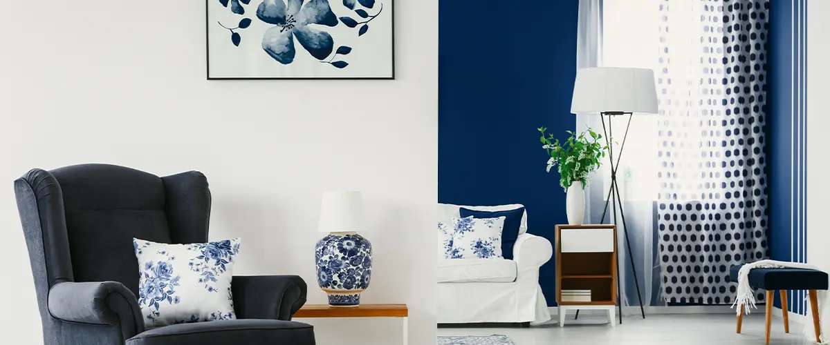 Modern living room with blue and white decor, featuring an armchair, floral accents, and a cozy reading nook.