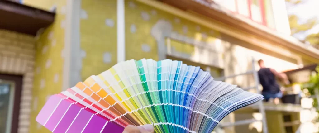 Fan of paint color samples held in front of a house under renovation