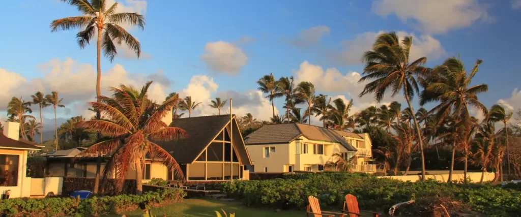 Beachfront homes with palm trees swaying in the golden hour light