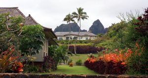 Blog 5 Lush landscaped yard with tropical plants and a mountain view behind a luxury home