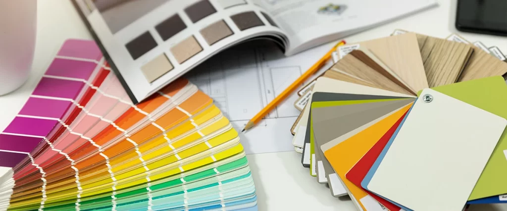 Assorted color swatches and design samples used in smart paint selection