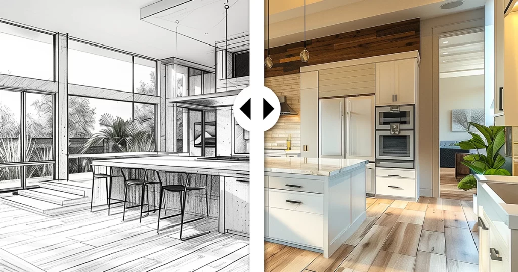 How AI & Smart Paint Technology Are Changing Home Painting in 2025 1 Split view of a modern kitchen showing smart paint technology concept with AI-assisted visualization—left side as a sketch, right side as a fully painted and furnished room