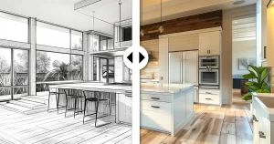 Painting Over Wallpaper: How To Best Do It And More 2 Split view of a modern kitchen showing smart paint technology concept with AI-assisted visualization—left side as a sketch, right side as a fully painted and furnished room