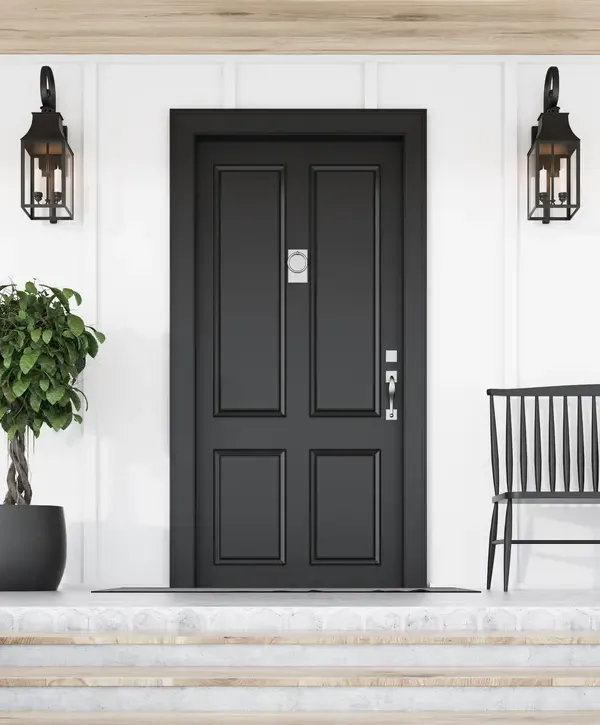 Door Painting in Honolulu, HI 1 A symmetrical modern farmhouse porch featuring professional black door painting against white siding, flanked by wall lanterns and a potted topiary.