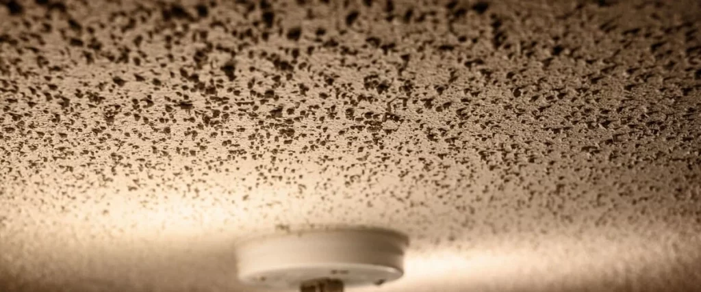 An indoor perspective looking up at a popcorn ceiling with a circular smoke detector installed, highlighting how shadows fall across the textured bumps under warm light.