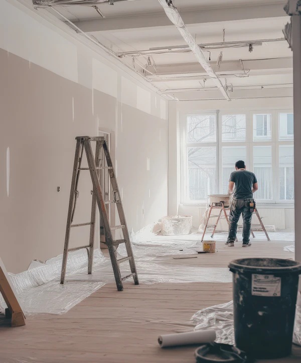 A professional painter preping a large interior room for one of the leading commercial painting companies in Pearl City, HI.