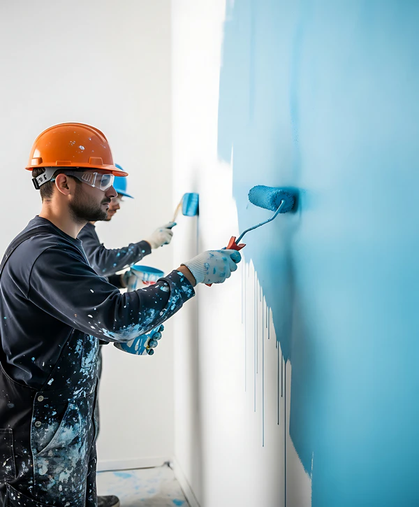Two professional painters wearing hard hats and safety gear applying bright blue paint to an interior office wall in Aiea, Hawaii.